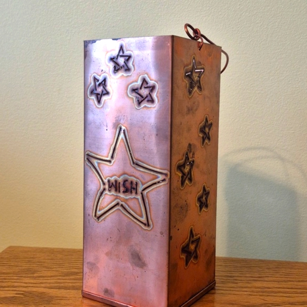 Wine bottle holder, Copper metal Lantern, Wish on a Star candle holder or vase